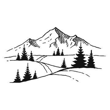 Hand drawn vector illustration of mountain landscape with pine trees.