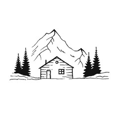 Fototapeta premium Mountain with pine trees and country house landscape black on white background. Hand drawn rocky peaks in sketch style. Vector illustration.