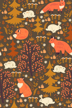 Forest seamless pattern with foxes and hares. Vector graphics.