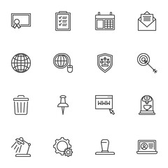 Office and business line icons set, outline vector symbol collection, linear style pictogram pack. Signs logo illustration. Set includes icons as certificate, organizer calendar, desk lamp, coffee cup