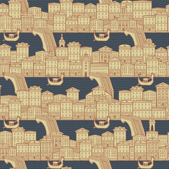 Decorative seamless pattern with old houses along the canals with bridges and gondolas. Vector cityscape background in retro style, suitable for wallpaper, wrapping paper, fabric, textile