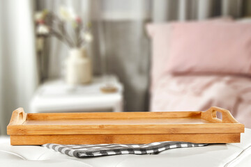 Desk of free space and bedroom interior 