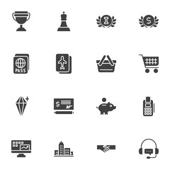 Business travel vector icons set, modern solid symbol collection, filled style pictogram pack. Signs, logo illustration. Set includes icons as shopping cart, pass document, fly ticket, office building