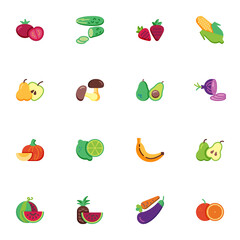 Fruit and vegetable collection, flat icons set, Colorful symbols pack contains - tomato, cucumber, strawberry, apple, pumpkin, banana, watermelon, pineapple . Vector illustration Flat style design