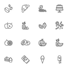 Dessert food line icons set, outline vector symbol collection, linear style pictogram pack. Signs, logo illustration. Set includes icons as sweets, candies, grapes fruit, apple, ice cream, cake, donut