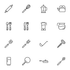 Kitchen utensils line icons set, outline vector symbol collection, linear style pictogram pack. Signs, logo illustration. Set includes icons as french press, corkscrew, teapot, spoon and fork, pan