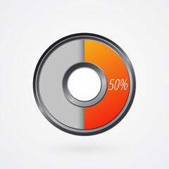 50 percent isolated pie chart. Percentage vector symbol, infographic gray orange gradient icon. Circle sign for business, finance, web design, download, progress
