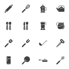 Kitchen utensils vector icons set, modern solid symbol collection, filled style pictogram pack. Signs, logo illustration. Set includes icons as french press, corkscrew, teapot, spoon and fork, pan