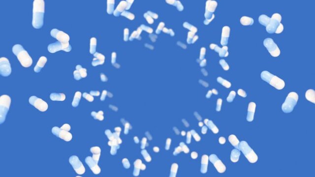 Flying many medical capsules on blue background. Medicine and pharmaceutical concept. 3D animation of white pill capsule rotating. Loop animation.