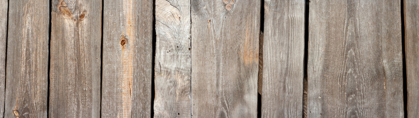 Panorama of old grey  wood texture with cracks and knots. Vertical boards