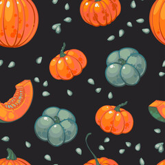 Seamless pattern with juicy ripe orange and green pumpkins, seeds and pumpkin slices on a dark background. Hand drawn vector illustration. Seasonal, autumn vegetables. Farmed organic products.