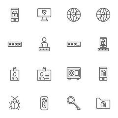 Protection and security line icons set, outline vector symbol collection, linear style pictogram pack. Signs, logo illustration. Set includes icons as cyber security, password code, fingerprint scan
