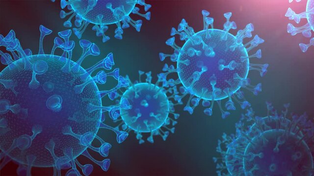 3D Animation of Virus Cells Rotating in the Human Body, Causing Disease or Illness such as Influenza (Flu), Colds, Corona Virus (COVID-19), Gastroenteritis, Chickenpox or Measles. Blue and Red Render.