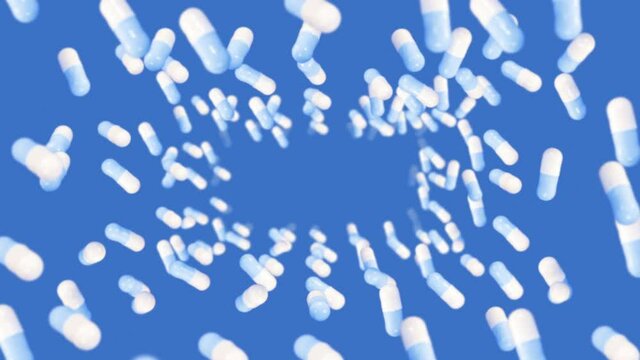 Flying many medical capsules on blue background. Medicine and pharmaceutical concept. 3D animation of white pill capsule rotating. Loop animation.