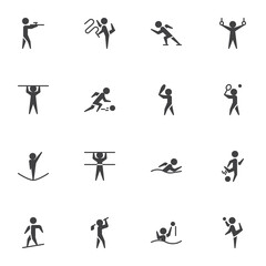 Sport vector icons set, modern solid symbol collection, filled style pictogram pack. Signs, logo illustration. Set includes icons as triathlon, rhythmic gymnastics, baseball, gymnastics rings, tennis
