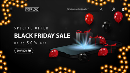Special offer, Black Friday Sale, up to 50% off, black discount banner for website with smartphone, red and black balloons and present boxes