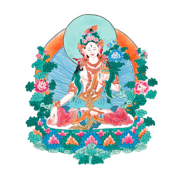 Watercolor Illustration of Thangka of White Tara who meditating on a lotus seat, isolated on white background. | 白度母
