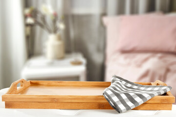 Desk of free space and bedroom interior 