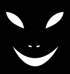 Scary face banner for Halloween. Evil eyed and scary smiled nightmare creature on black background. Portrait of joker or devil. Vector illustration. 