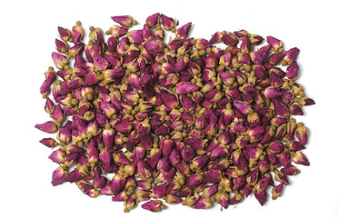 Pile of dried rose on white background.