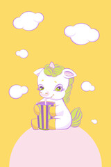 Cute little unicorn drinks a striped glass milkshake.