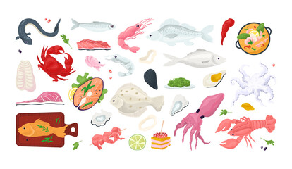 Fototapeta na wymiar Seafood fish menu restaurant icons set with sea food, crab, shrimps, shell l isolated vector illustration. Shellfish, octopus, squid, oyster and salmon slice. Gourmet seafood meal market.