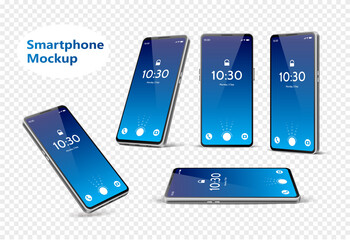 Fototapeta na wymiar Vector blue frameless smartphone mockup set 3d