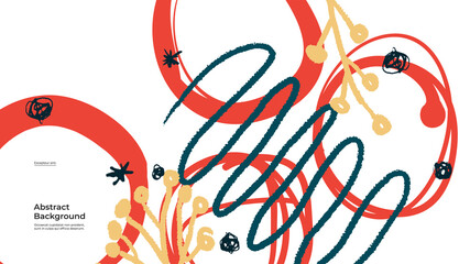 Naklejka premium Abstract background illustration. Colorful lines, spots, dots and paint strokes. Decorative wallpaper, backdrop. Hand drawn texture, decor elements and shapes. Eps10 vector.