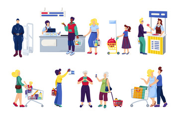 Shopping in supermarket, customers buying grocery products, set of isolated on white vector illustrations. Peopleshoppers at market, by cashier, at mall, shop or store, family with cart or basket.