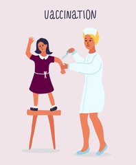 hospital blonde nurse vaccinates a child girl. Kid is in vinous dress. Routine vaccination. Protection against flu, coronavirus. Syringe, uniform. cartoon vector illustration isolated on white