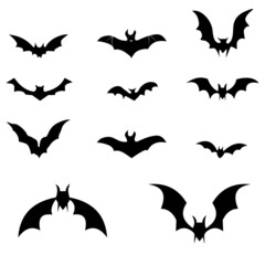 Black silhouettes of bats set on white background. vector illustration