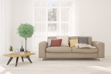 White living room with sofa and winter landscape in window. Scandinavian interior design. 3D illustration