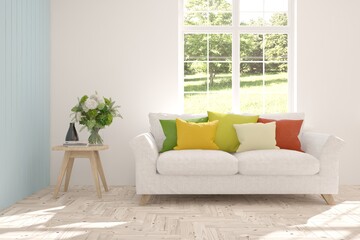 White living room with sofa and summer landscape in window. Scandinavian interior design. 3D illustration