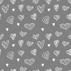 Cute white heart shapes in seamless pattern on silver background. Vector illustration.