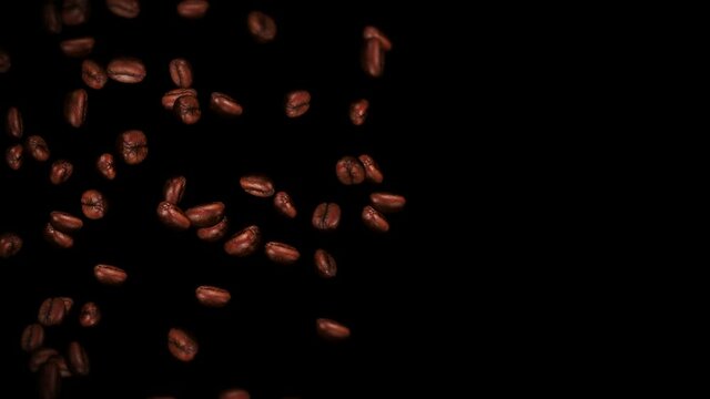 Flying many coffee beans on black background. Caffeine drink, Breakfast, Aroma. 3D animation of roasted coffee beans rotating. Loop animation.