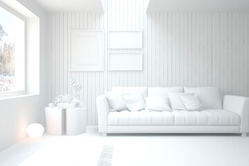 White minimalist living room with sofa. Scandinavian interior design. 3D illustration