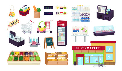 Supermarket, grocery store, food market shop icons set isolated on white vector illustrations. Showcases shelves of fruit, vegetables, cash, shopping basket, cart and products. Supermarket assortment.