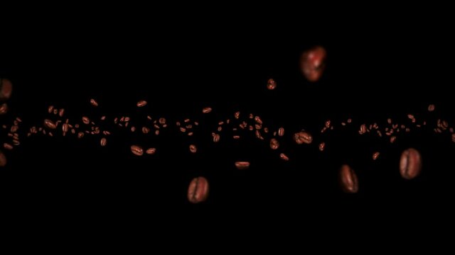 Flying many coffee beans on black background. Caffeine drink, Breakfast, Aroma. 3D animation of roasted coffee beans rotating. Loop animation.