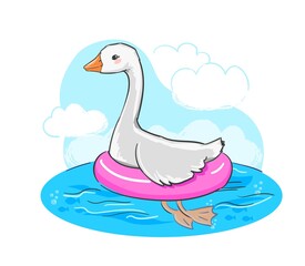 Hand drawn cute goose and swim ring vector illustration