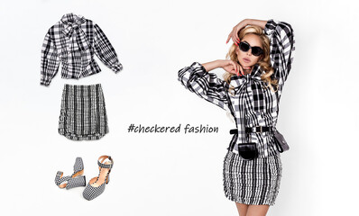 Checkered fashion. High fashion portrait of young elegant woman in checkered outfit. Black and...