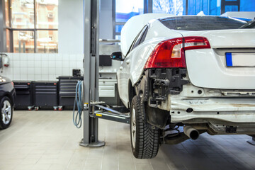 Car garage, service and accident vehicle detail. 