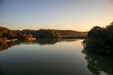 夕日に照らされた紅葉と秋の湖