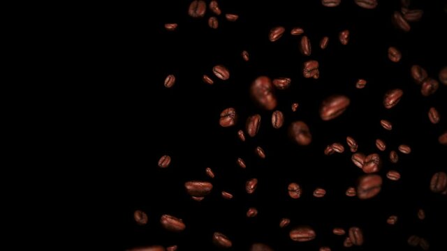 Flying many coffee beans on black background. Caffeine drink, Breakfast, Aroma. 3D animation of roasted coffee beans rotating. Loop animation.