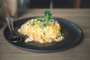 Scrambled eggs minced pork on top hot steam rice