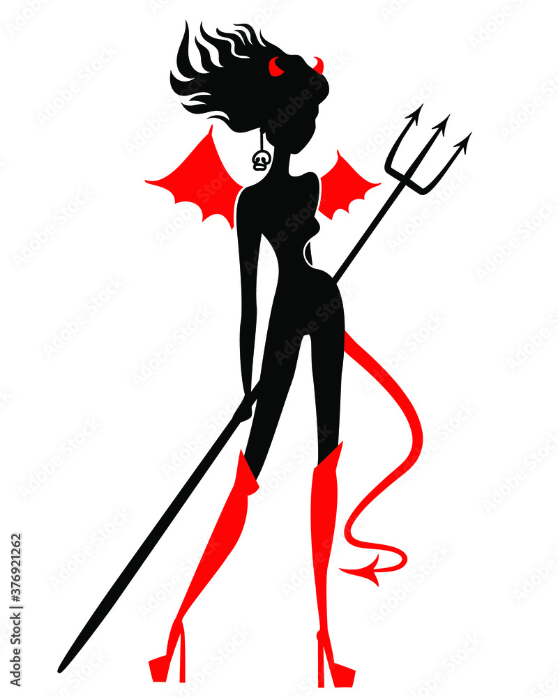 Wall mural sexy devil woman with long hair and tail and wings. Black and red silhouette isolated on white