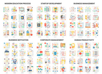 Fototapeta na wymiar Complex concept flat abstract vector icons, modern design icon set educational and development management, corporate business education process and startup, motivation for human productivity