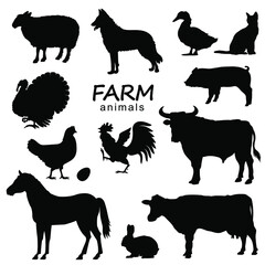 Farm animals set vector black silhouette isolated on white for design