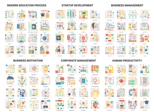 Complex concept flat abstract vector icons, modern design icon set educational and development management, corporate business education process and startup, motivation for human productivity