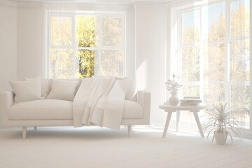 Stylish room in white color with sofa and autumn landscape in window. Scandinavian interior design. 3D illustration