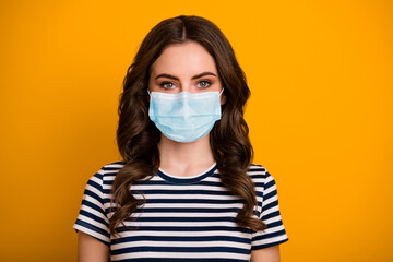 Close-up portrait of her she attractive wavy-haired girl wearing safety mask influenza flue...